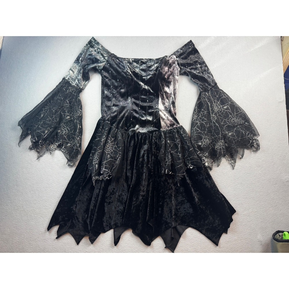 Spider Witch Costume Dress Black Velvet Silver Web Gothic Halloween OSFM H7034